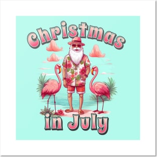 Christmas in July santa and flamingos on the beach Posters and Art